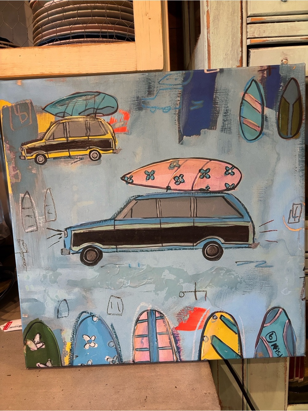 Brian Nash -Signed Surf Van Canvas Art in Blue and Pink